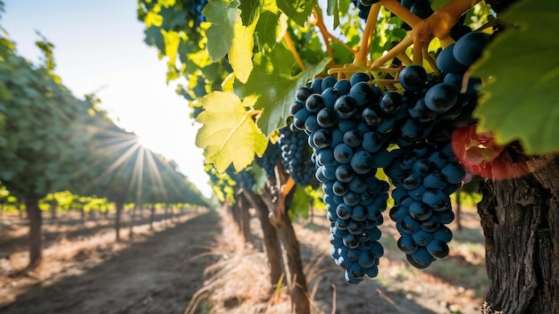 Vista panorâmica de uvas pretas crescendo em vinhas iluminadas pelo sol