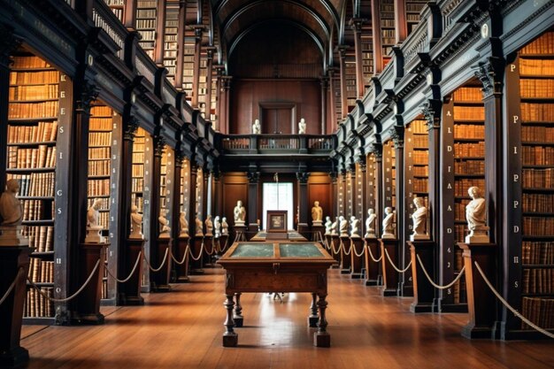 Foto vista panorámica dentro de la sala larga de la antigua biblioteca en el trinity college de dublín durante la apertura