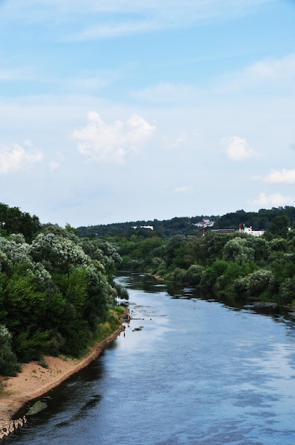 Vista panorámica del Dnieper. La costa del río con una estrecha playa de arena y árboles.