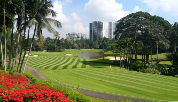 Foto vista panorâmica do campo de golfe com grama verde rico e belas paisagens para os entusiastas do golfe