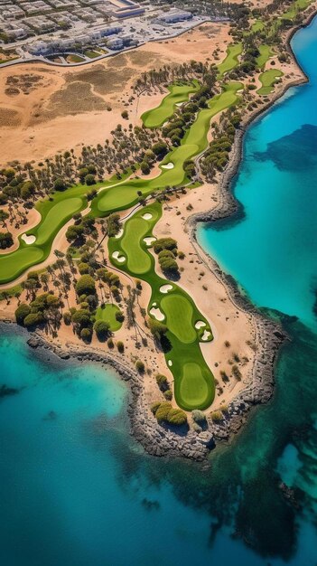 Foto vista panorâmica do campo de golfe com pequenos barcos atravessando lagoas na cidade turística de el gouna, no