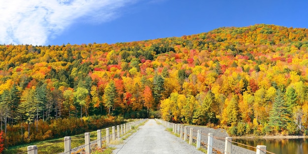 Vista panorâmica do campo de Stowe com montanhas e floresta de outono