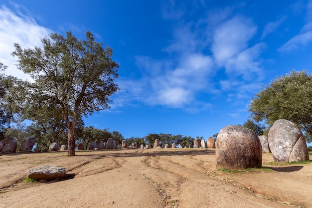 Vista panorâmica do complexo megalítico dos Almendres Cromlech (Cromelique dos Almendres) Évora, Região do Alentejo, Portugal