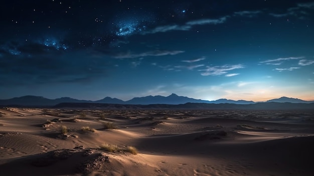 Vista panorâmica do deserto arenoso sob o céu estrelado na imagem gerada por IA noturna