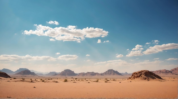 Vista panorâmica do deserto ensolarado de dunas de areia e montanhas com céu azul e nuvens brancas