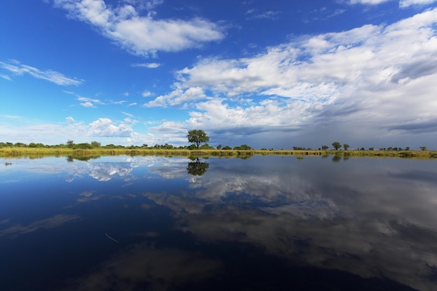 Vista panorâmica do lago contra o céu azul