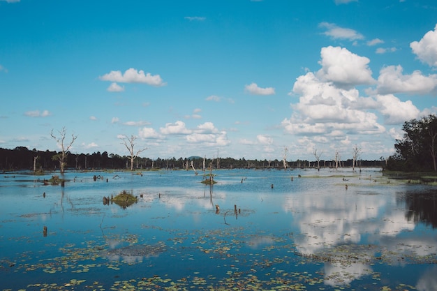 Vista panorâmica do lago contra o céu azul