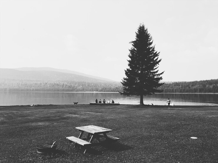 Foto vista panorâmica do lago contra o céu claro