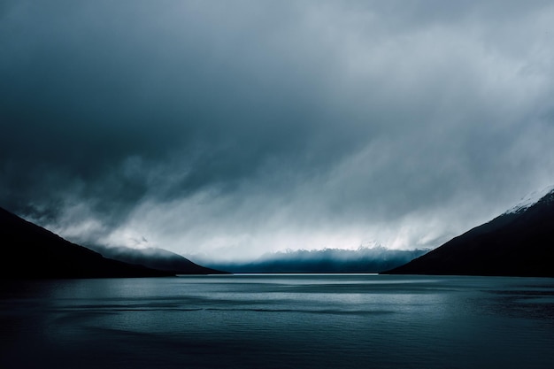 Vista panorâmica do lago contra o céu nublado