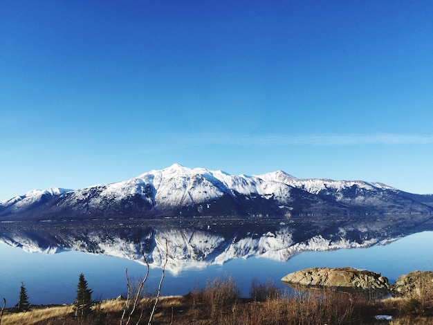 Vista panorâmica do lago e das montanhas contra o céu azul