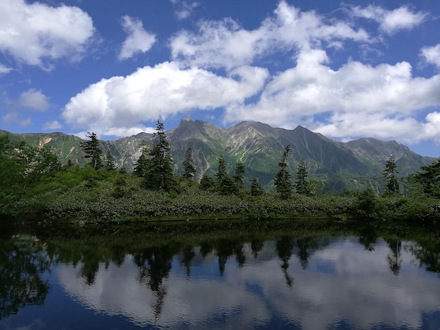 Vista panorâmica do lago e das montanhas contra o céu nublado