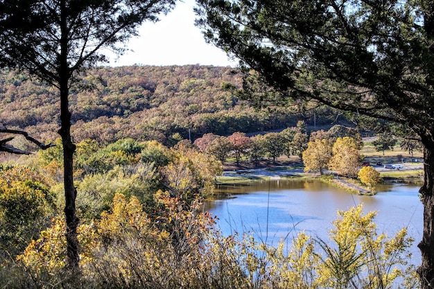 Vista panorâmica do lago na floresta durante o outono