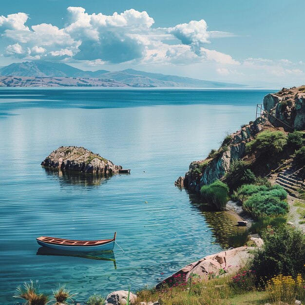 Foto vista panorâmica do lago navegável mais alto com um barco flutuando na água