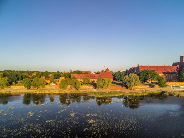 Vista panorâmica do lago por edifícios contra um céu azul claro