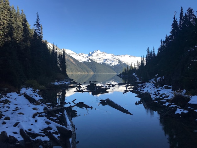 Vista panorâmica do lago por montanhas cobertas de neve contra um céu claro