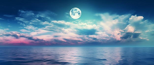 Vista panorâmica do mar Céu colorido com nuvens e lua cheia brilhante na paisagem marítima à noite