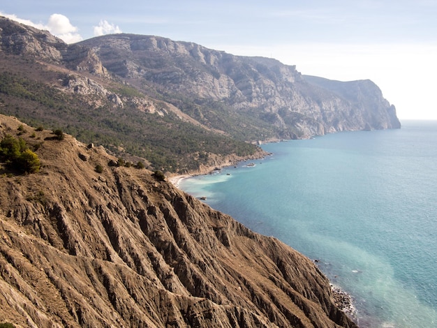 Vista panorâmica do mar e das montanhas contra o céu