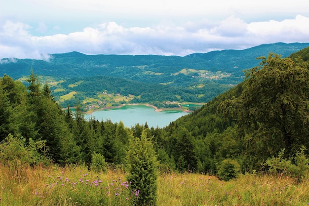 Vista panorâmica do mirante do lago Zavoj, um lago artificial no leste da Sérvia. Primavera