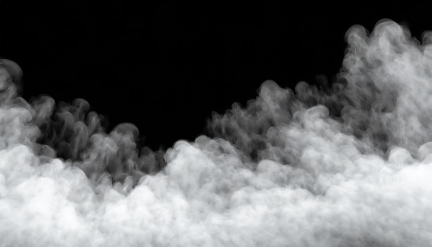 Vista panorâmica do movimento abstrato de nevoeiro ou fumaça em fundo preto Névoa de nuvens brancas