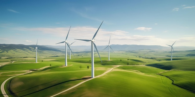 Vista panorâmica do parque eólico com turbinas eólicas altas para geração de eletricidade Conceito de energia verde