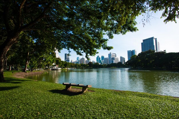 Vista panorâmica do parque pela paisagem urbana contra o céu