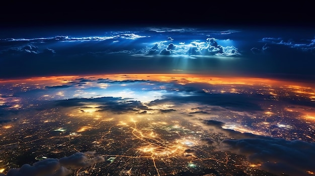 Vista panorâmica do planeta Terra globo do espaço Luzes brilhantes da cidade nuvens claras Generative AI