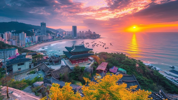 Vista panorâmica do Templo Haedong Yonggungsa na cidade de Busan, Coreia do SulO lugar para ver o nascer do sol na Coreia do Sur