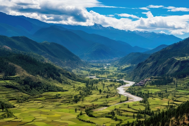 Vista panorâmica do vale e do rio no Himalaia Vista panorâmica do topo da paisagem do vale de Paro Butão AI Gerado