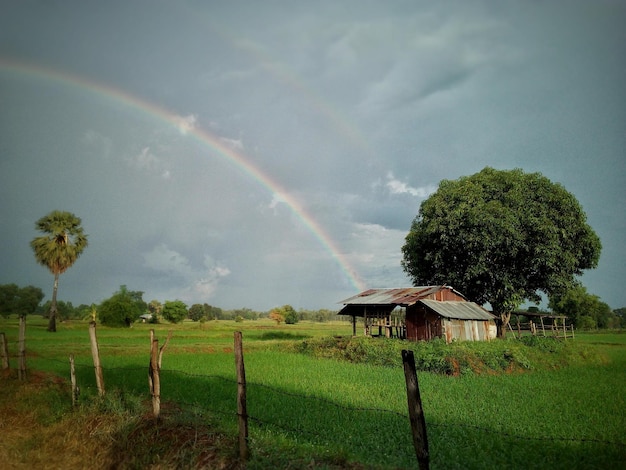 Vista panorámica del doble arco iris sobre el campo contra el cielo nublado durante la temporada de lluvias