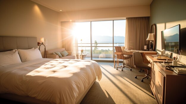 Foto vista panorámica de un dormitorio con una cama grande y un escritorio con ia generativa.