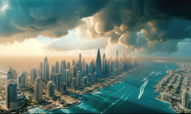 Vista panorâmica dramática de Dubai tempestade com raios Dubai é uma cidade super moderna da megalópole cosmopolita dos Emirados Árabes Unidos