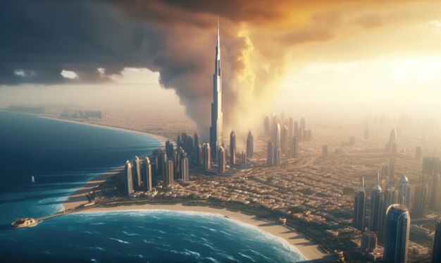 Vista panorâmica dramática de Dubai tempestade com raios Dubai é uma cidade super moderna da megalópole cosmopolita dos Emirados Árabes Unidos