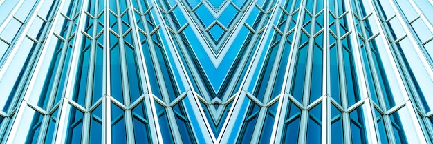 Vista panorâmica e em perspectiva do lado inferior para arranha-céus de aço Tiffany de vidro azul, conceito de negócios de arquitetura industrial de sucesso
