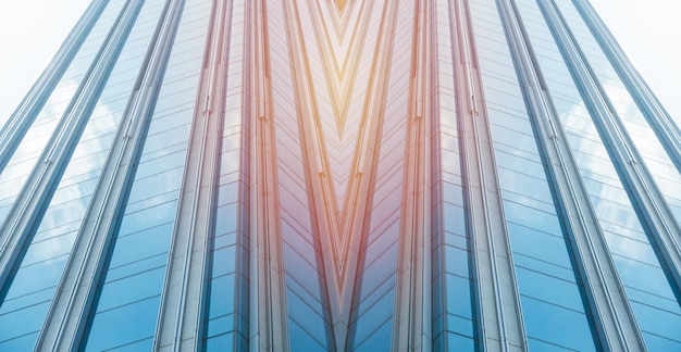 Vista panorâmica e perspectiva de baixo para o conceito de negócios de arranha-céus de construção de vidro azul de aço de arquitetura industrial bem sucedida