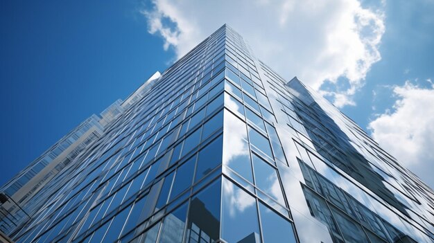 vista panorámica de un edificio alto con muchas ventanas y un fondo de cielo generativo ai