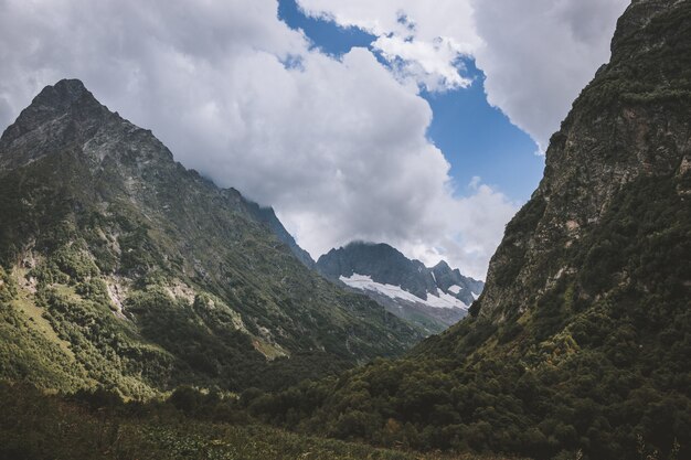 Vista panorámica de la escena de las montañas en el parque nacional de Dombay, Cáucaso, Rusia. Paisaje de verano, clima soleado y día soleado.