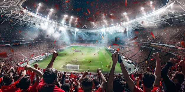 Una vista panorámica de un estadio lleno de aplausos mientras su equipo anota un gol ganador muestra la atmósfera eléctrica y la pasión compartida de los fanáticos