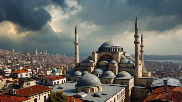 Foto vista panorámica de estambul con mezquita y río bajo un cielo nublado