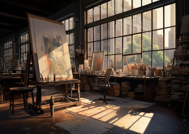 Una vista panorámica del estudio de un ilustrador con luz natural que entra a través de grandes ventanales.