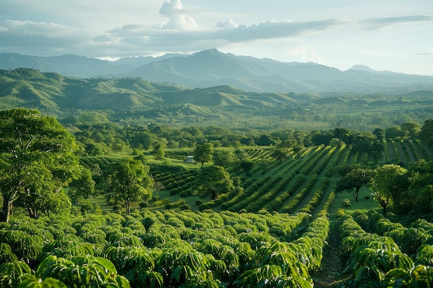 Vista panorámica de la exuberante plantación de café verde al amanecer con colinas y montañas en el