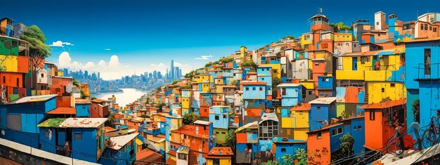 Vista panorámica de una favela de ladera de colina densamente poblada en Brasil con una multitud de casas coloridas y