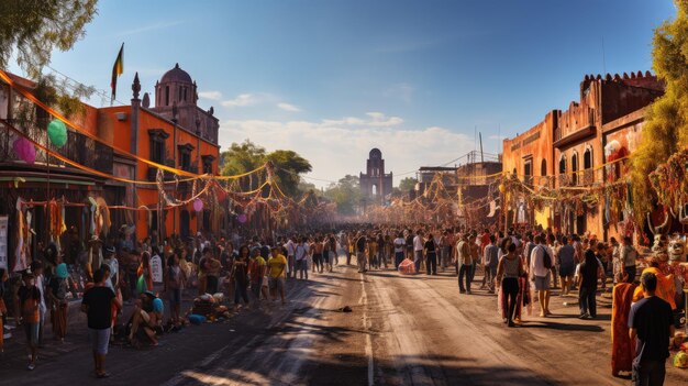 una vista panorámica de un festival del Día de los Muertos con calles bulliciosas llenas de gente