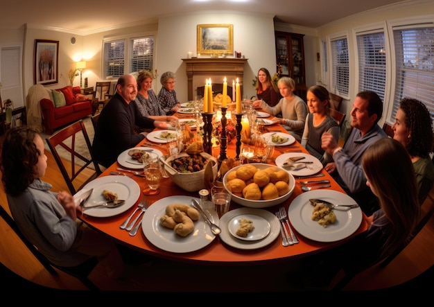 Foto una vista panorámica de una fiesta de acción de gracias en progreso que captura todo el comedor lleno de f