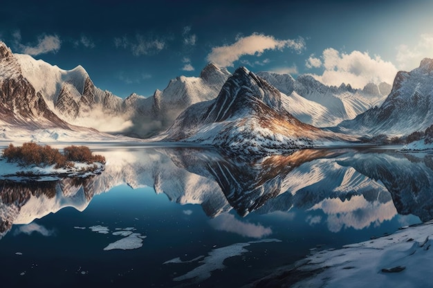 Vista panorámica de un fiordo congelado con montañas nevadas en el fondo y reflejo de agua quieta