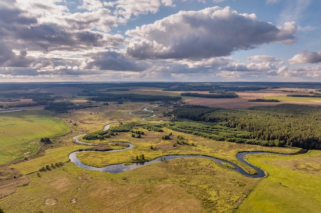 Vista panorámica desde una gran altura de un río serpenteante en el bosque