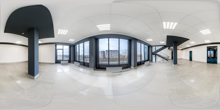 vista panorâmica hdri 360 em salão branco moderno vazio com portas de colunas e janelas panorâmicas em projeção esférica sem costura equirretangular pronta para conteúdo AR VR