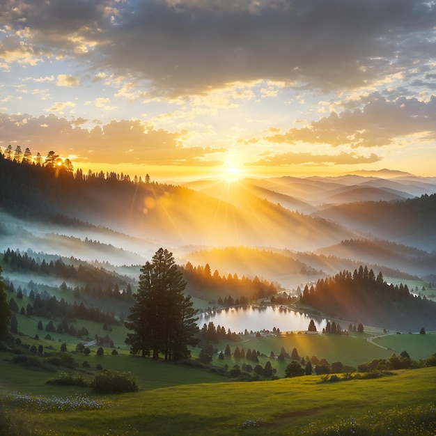 vista panorámica de una hermosa escena con luz brillante generada por IA