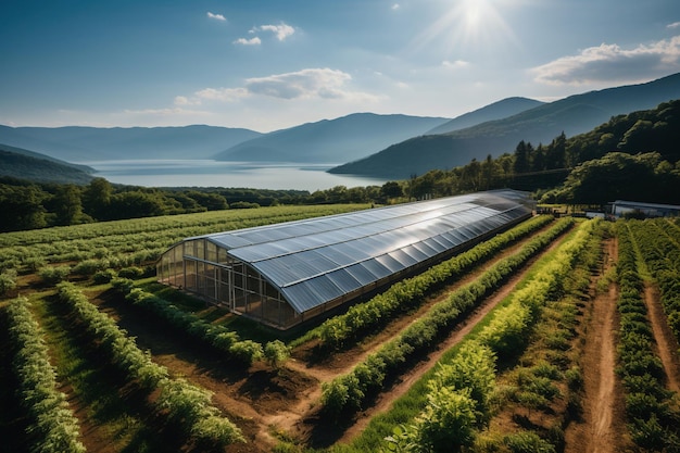 Foto vista panorámica de un hermoso invernadero moderno con panel solar fotovoltaico en el campo ia generativa