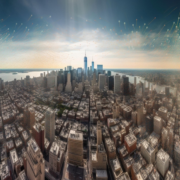 Vista panorámica del horizonte de la ciudad con la cinta de teletipo del mercado de valores para la intersección de los negocios financieros y la vida urbana
