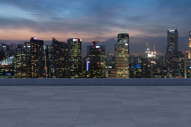 Vista panorámica del horizonte de Singapur cubierta de observatorio de hormigón en la azotea nocturna Estilo de vida residencial y corporativo asiático Ciudad financiera Centro de bienes raíces Exhibición de productos maqueta techo vacío